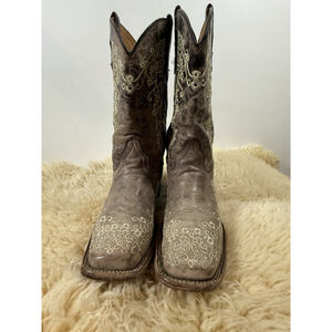 Corral Ladies Size 5 T Brown Crater Bone Embroidered Boot A2980 Square Toe